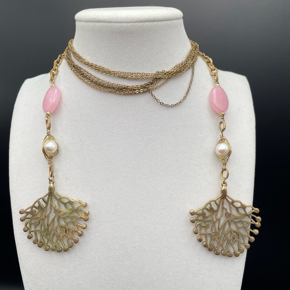 Vintage Long Multi-Strand Gold Tone Necklace Pink Stone Faux Pearl Coral Branch